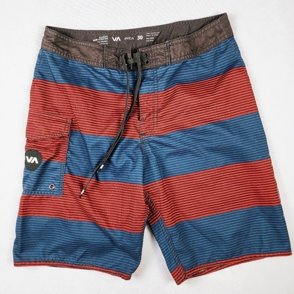 RVCA- Mens Size 30 Swim Board Shorts With Zipper - Red- Blue- Black Stipe
